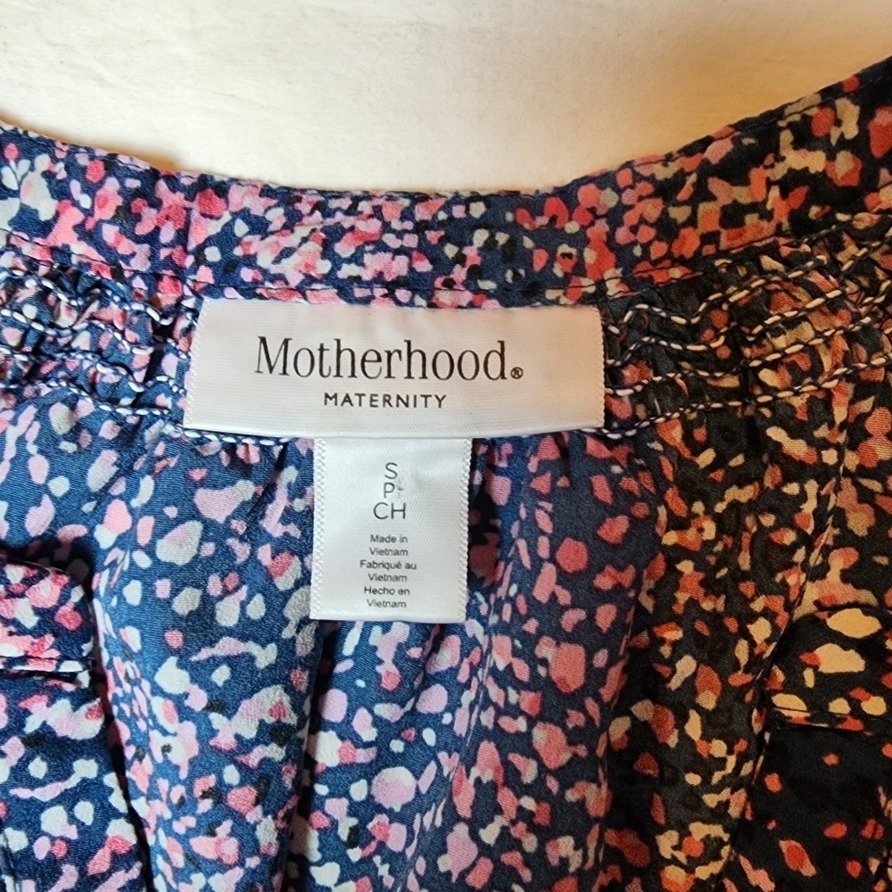 Motherhood Maternity Small Petite Pink and Blue Patterned Blouse Top With Tie - Picture 3 of 10